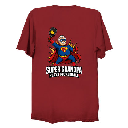 Super Grandpa Plays Pickleball t-shirt back design in True Red