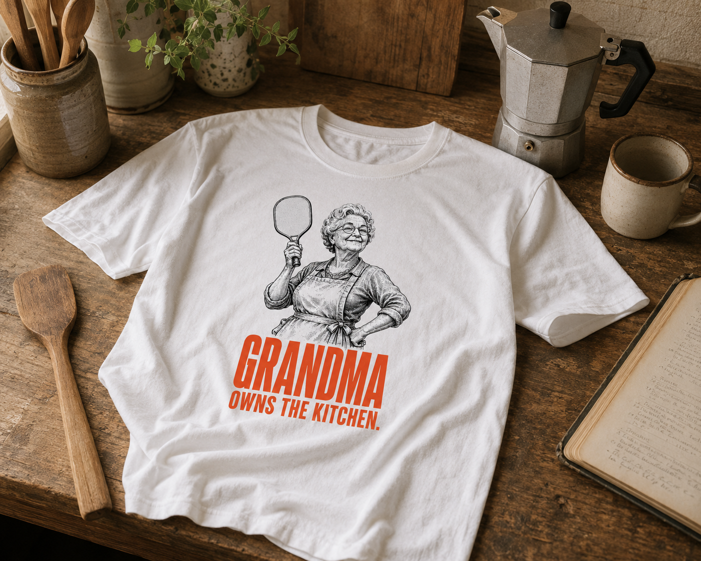 Grandma Owns the Kitchen pickleball shirt laid on rustic kitchen counter with recipe book and spatula