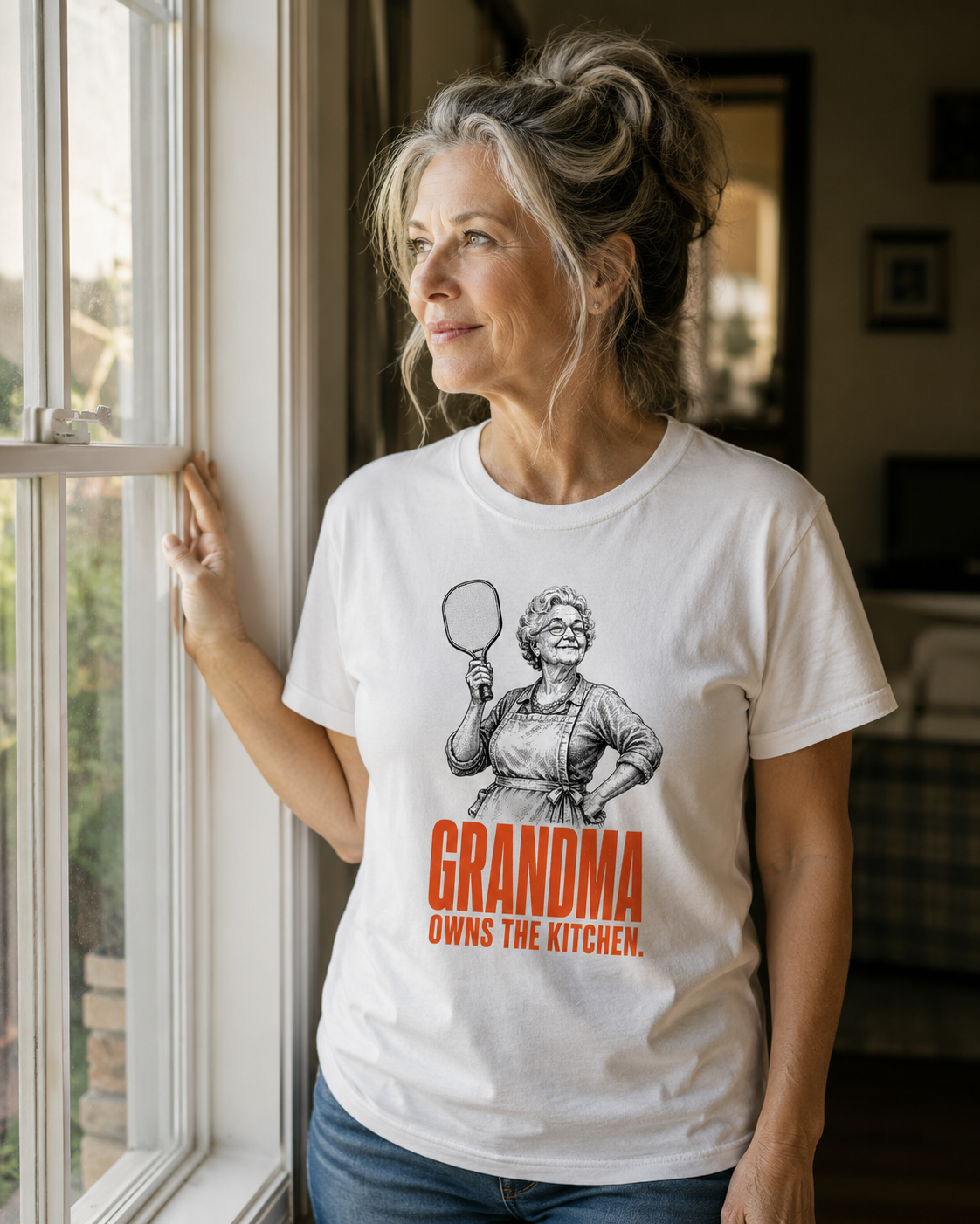 Woman wearing Grandma Owns the Kitchen pickleball shirt standing at window in natural daylight