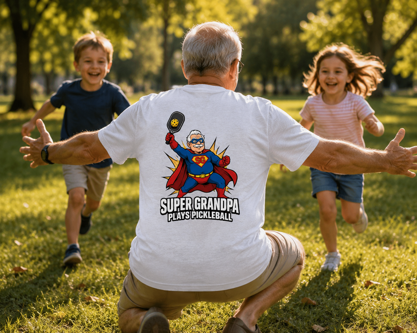 Grandpa wearing Super Grandpa pickleball shirt from behind with grandkids running in park