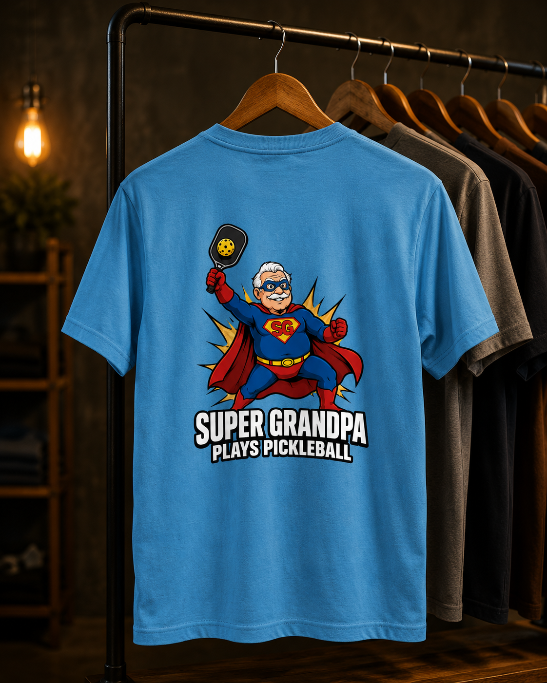 Super Grandpa Plays Pickleball shirt back on clothing rack in moody studio