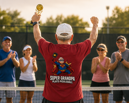 Grandpa wearing Super Grandpa pickleball shirt celebrating with trophy on court