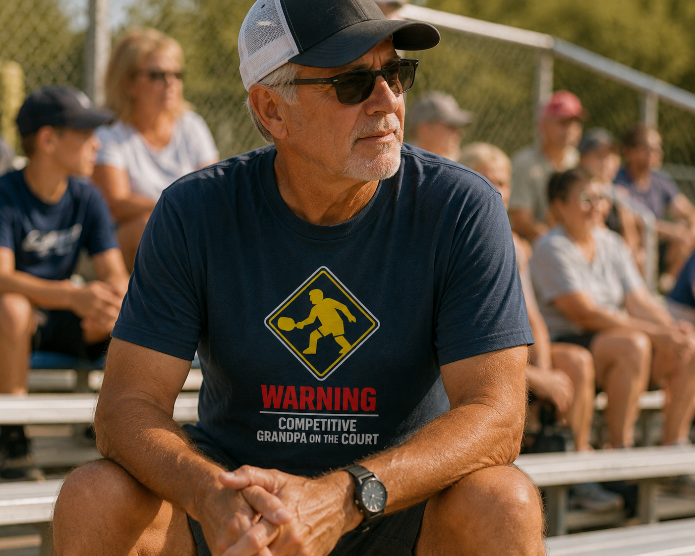 Man wearing Warning Competitive Grandpa pickleball shirt watching youth sports in bleachers