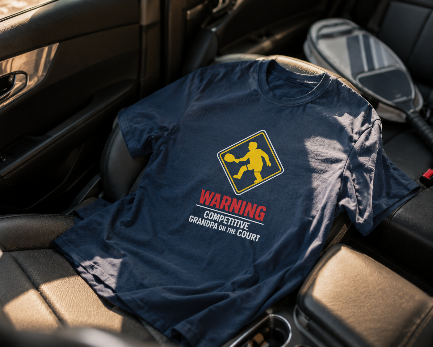 Warning Competitive Grandpa pickleball shirt laid on car passenger seat with paddle in back