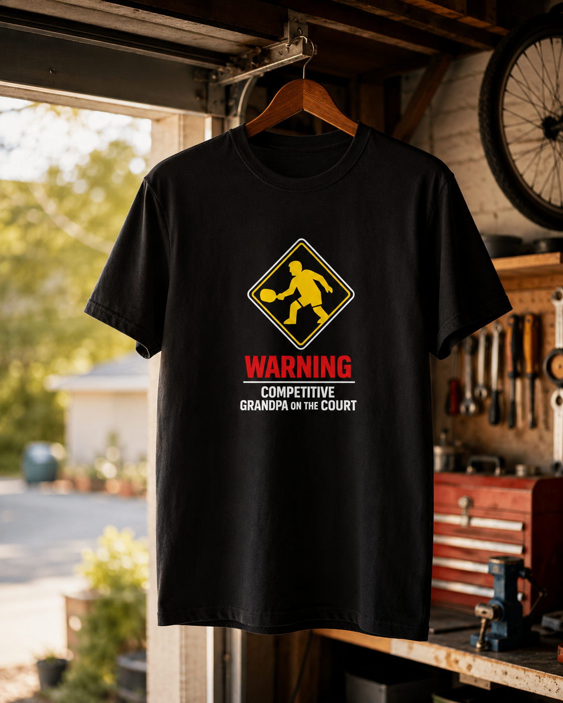 Warning Competitive Grandpa pickleball shirt hanging in garage workshop