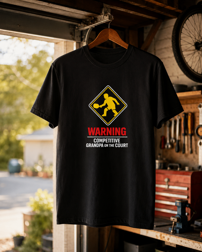 Warning Competitive Grandpa pickleball shirt hanging in garage workshop